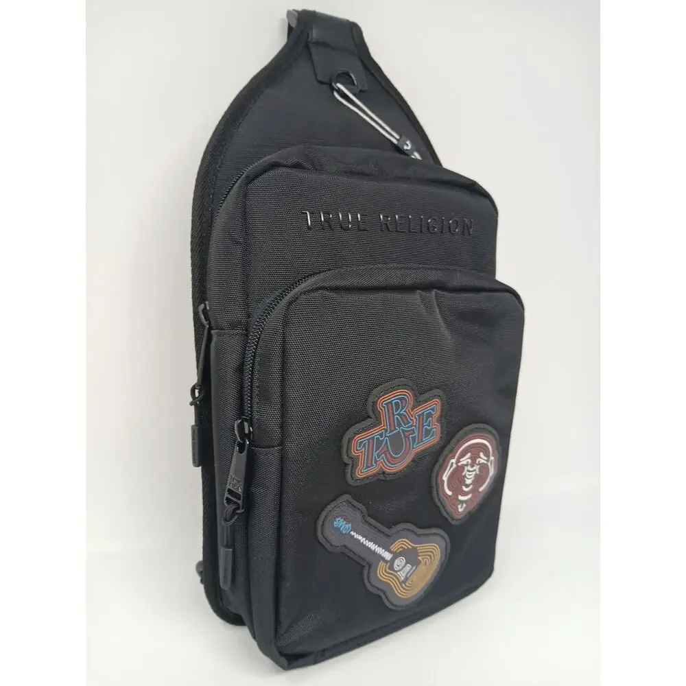 True Religion Black Crossbody Bag Men Zip Outer Pockets Guitar Character